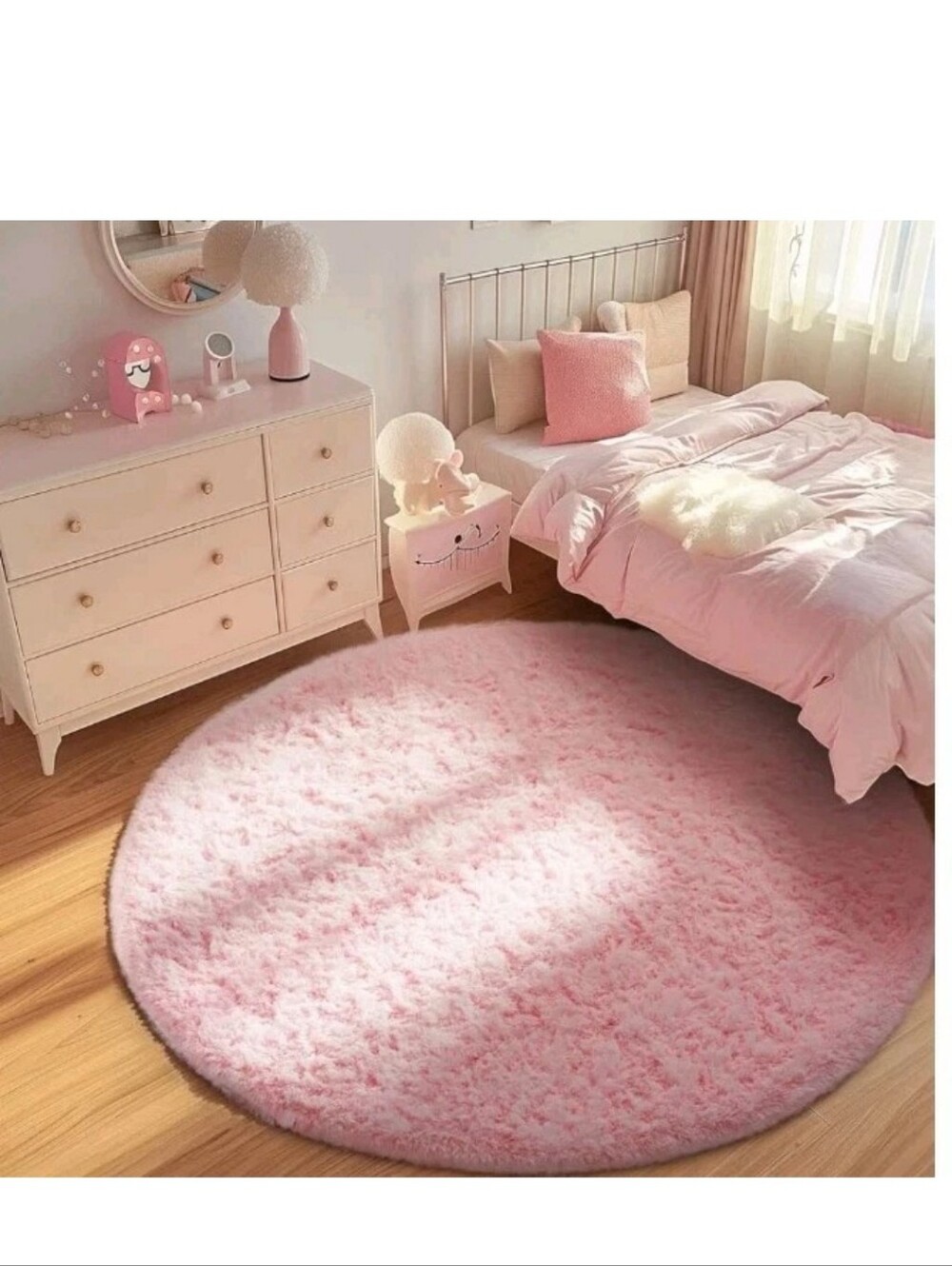 Plush Round Pink Kids Area Rug - Soft Shaggy Floor Mat 6 Ft
